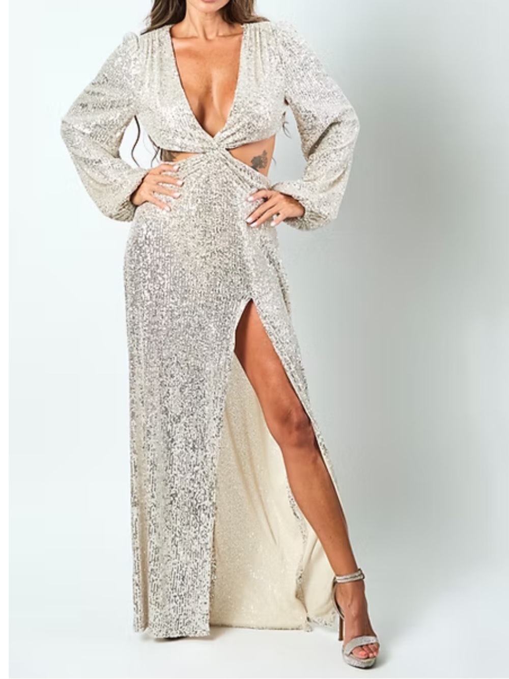 Fashion Nova Silver Sequin Cutout Maxi Dress